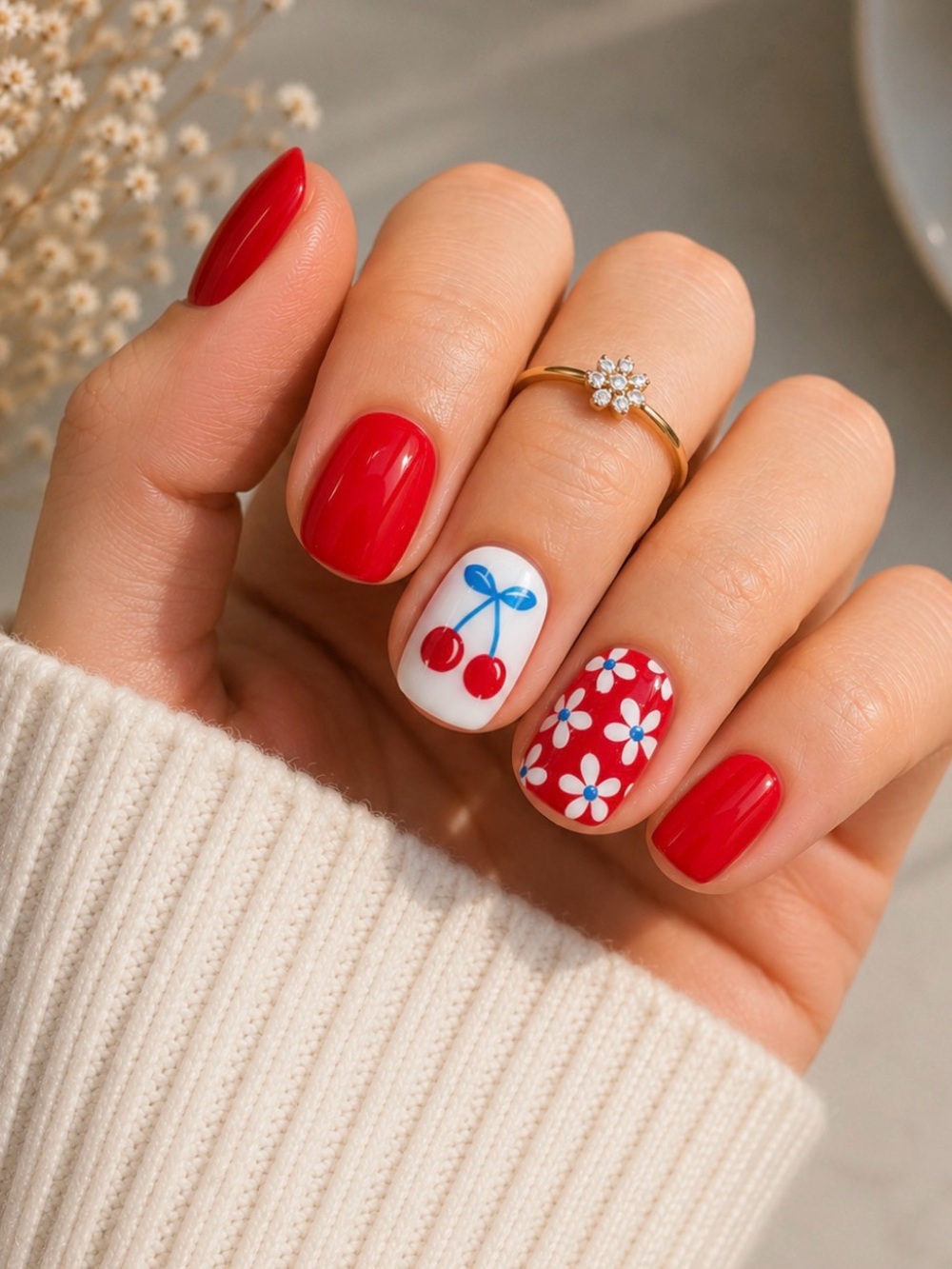 🍒 Cherry Blossom Press-On Nails | Short Square Glossy | Cherry Nail Set
